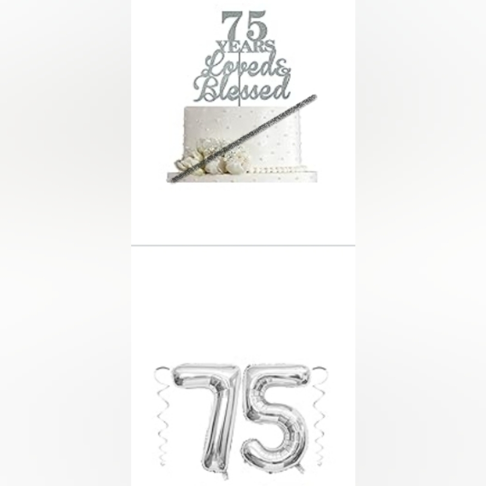 Silver 75th Anniversary Cake Topper and Number Balloon Set